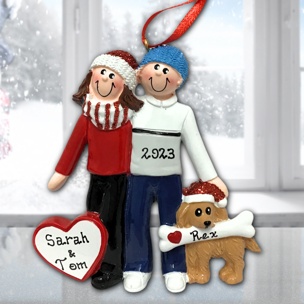 Personalised Christmas Ornament Couple with Dog Personalised Christmas Tree Decorations Couple Christmas Ornaments WowWee.ie