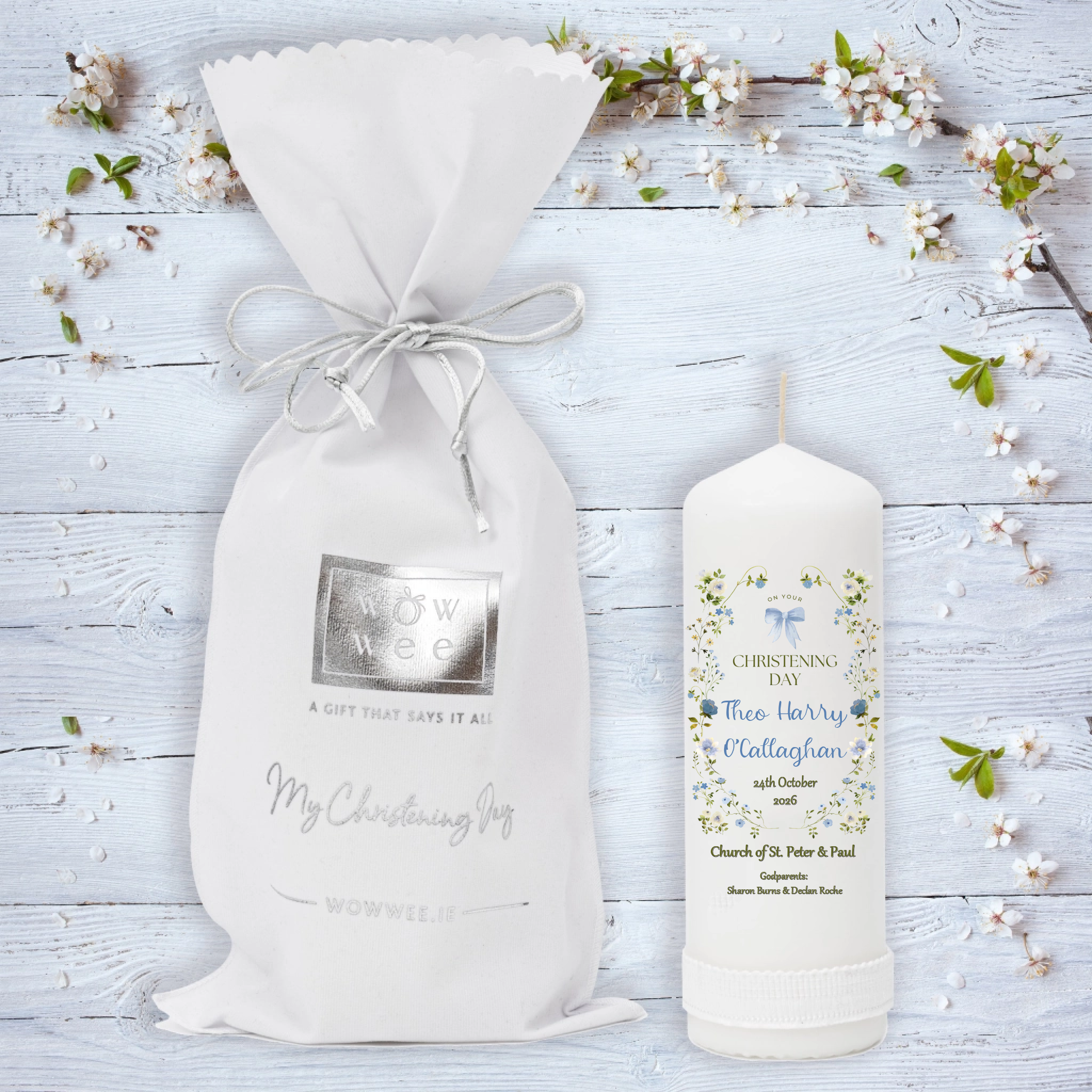 Delicate Flowers Candle Baptism for Boys