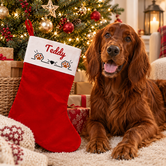 A red Christmas stocking with a white cuff featuring the embroidered name 'Teddy' and paw prints, placed next to a brown long-haired dog in a cozy holiday living room setting with a decorated Christmas tree and wrapped gifts.