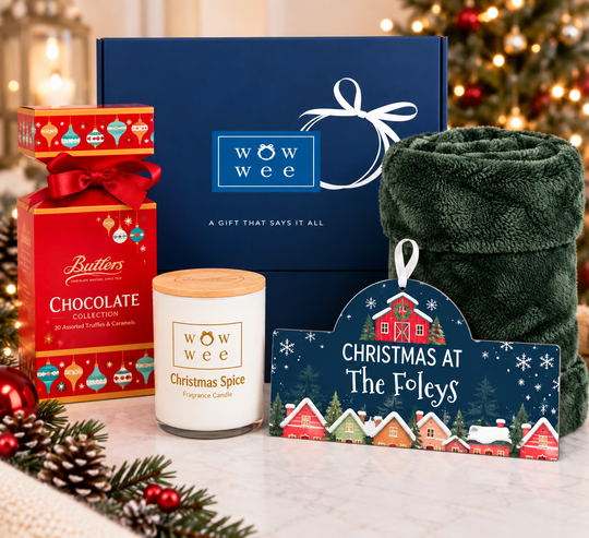 Christmas Hamper for Families filled with Personalised Door Plaque, Festive Candle, Butler's Chocolate & Cosy Throw Blanket