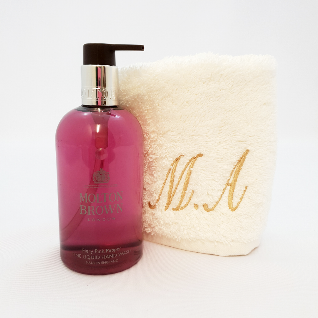 Personalised Luxury Cream Face Cloth & Molton Brown Fiery Pink Pepper Fine Liquid Hand Wash