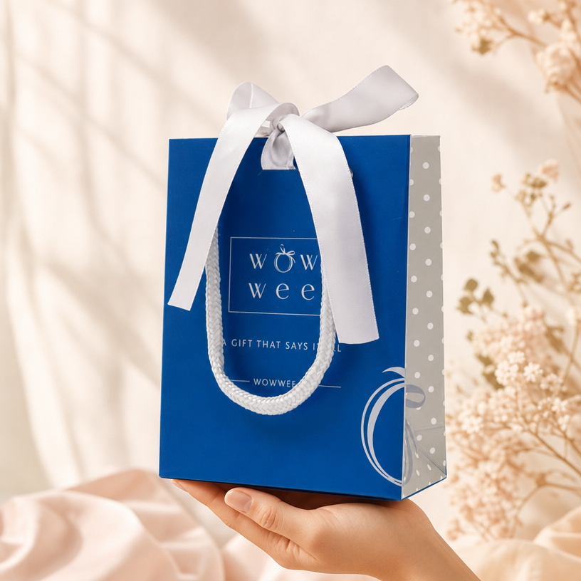 A blue gift bag with a white ribbon handle and printed 'wow wee' branding, held in a person's hand against a soft beige background with draped fabric and dried flowers.