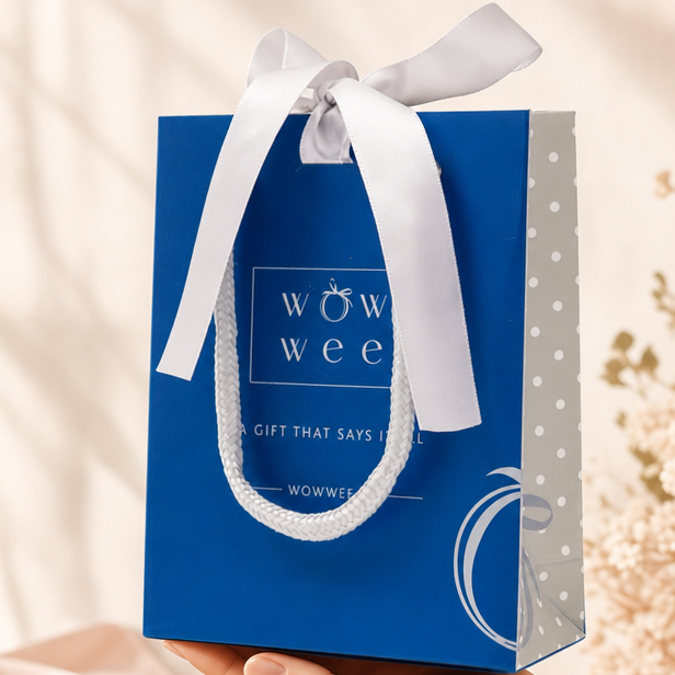A blue gift bag with a white ribbon handle and printed 'wow wee' branding, held in a person's hand against a soft beige background with draped fabric and dried flowers.