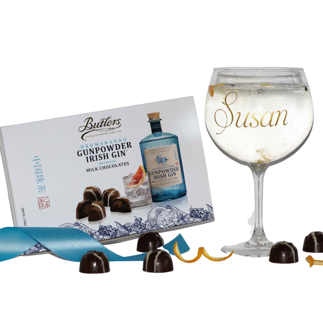 Gin Lover Gift Set - Personalised Gin Glass & Butler's Gunpowder Gin Chocolates