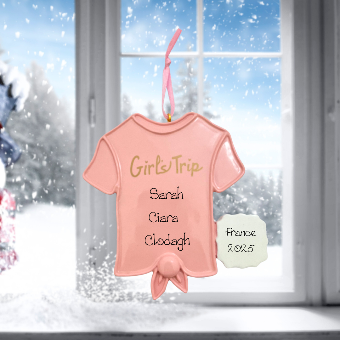 Pink baby tshirt ornament with personalized text against a snowy window background