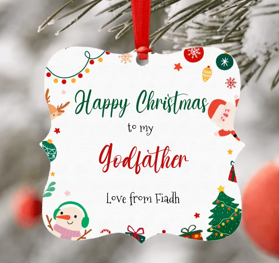 A personalized Christmas decoration ornament with a red ribbon, featuring text 'Happy Christmas to my Godfather Love from Fiadh', surrounded by festive illustrations such as Santa, snowman, and Christmas tree.