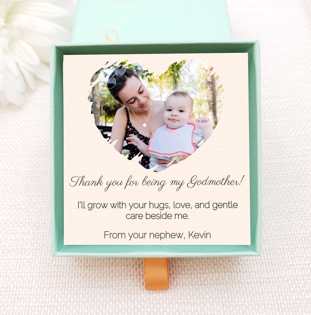 Photo gift card with image of godmother and baby. add own personal message and choose from range of gold necklaces