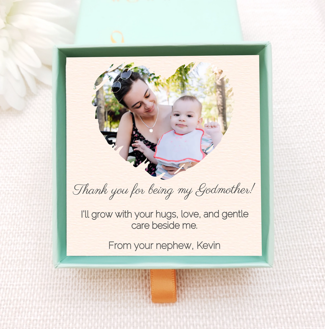 Photo gift card with image of godmother and baby. add own personal message and choose from range of gold necklaces