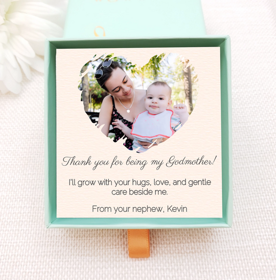 Photo gift card with image of godmother and baby. add own personal message and choose from range of gold necklaces