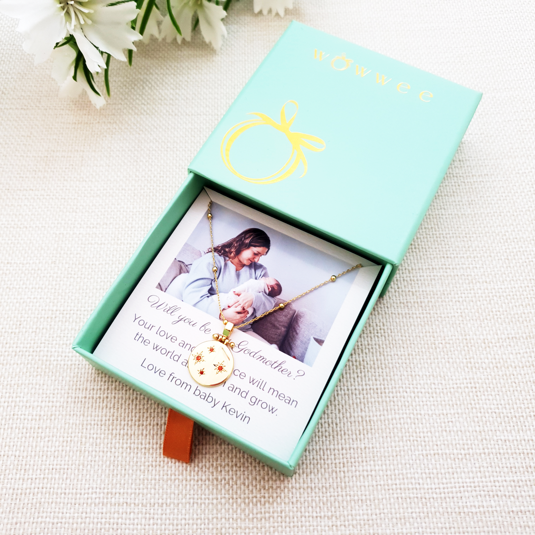 birthstone necklace gift with personalised photo upload gift card for godmothers
