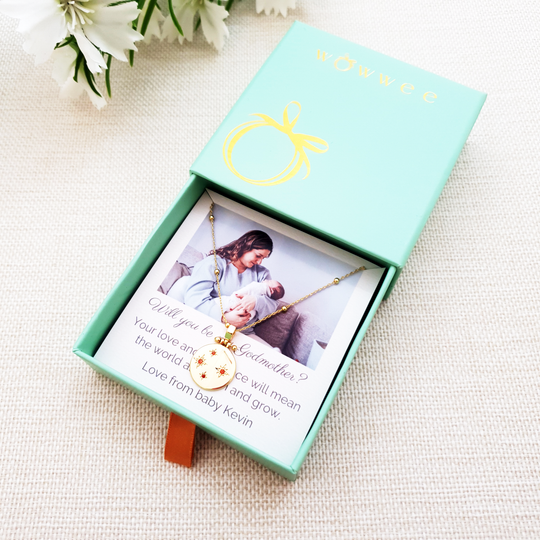 birthstone necklace gift with personalised photo upload gift card for godmothers