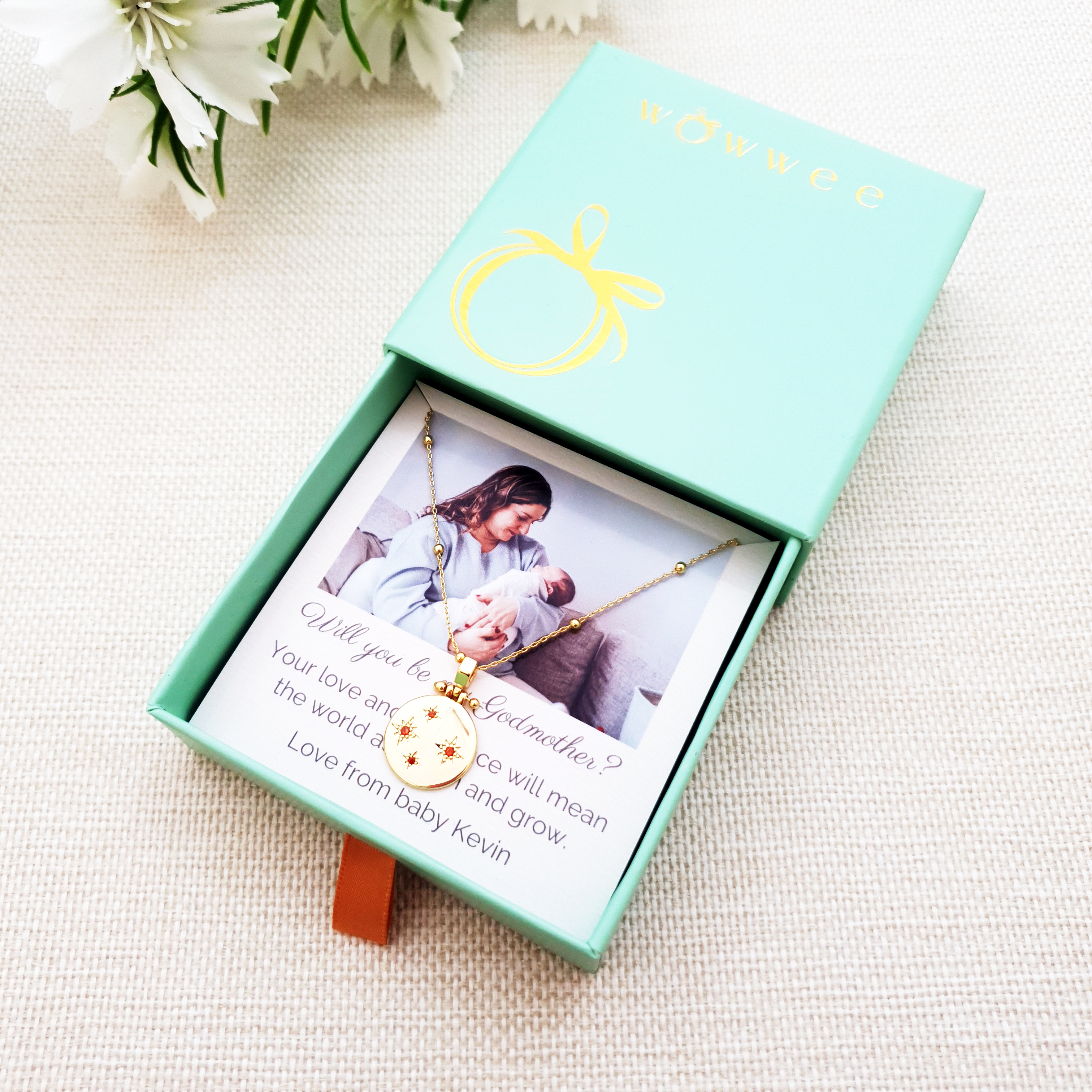 birthstone necklace gift with personalised photo upload gift card for godmothers