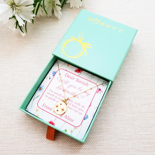Birthstone necklace on a personalised gift card for godmothers