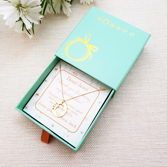 betty & biddy gold necklace with a personalised card for godmothers