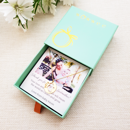 betty & biddy gold necklace with a photo upload gift card for godmothers