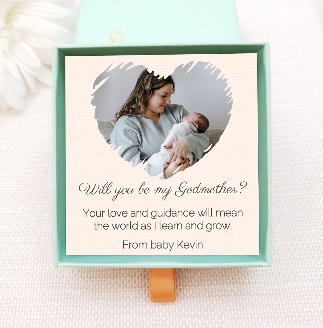 personalised photo gift card in jewellery box. upload your own image of godmother and baby. add personal message and choose from a variety of gold birthstone necklaces