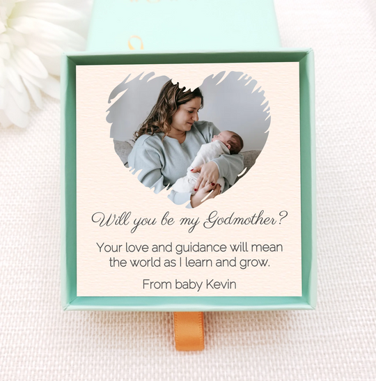 personalised photo gift card in jewellery box. upload your own image of godmother and baby. add personal message and choose from a variety of gold birthstone necklaces
