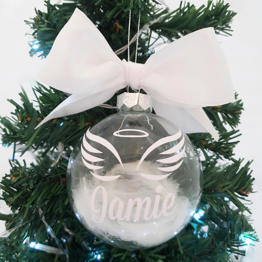 Personalised Luxury Christmas Memorial Bauble -  Angel Wings with Feathers - 8cm