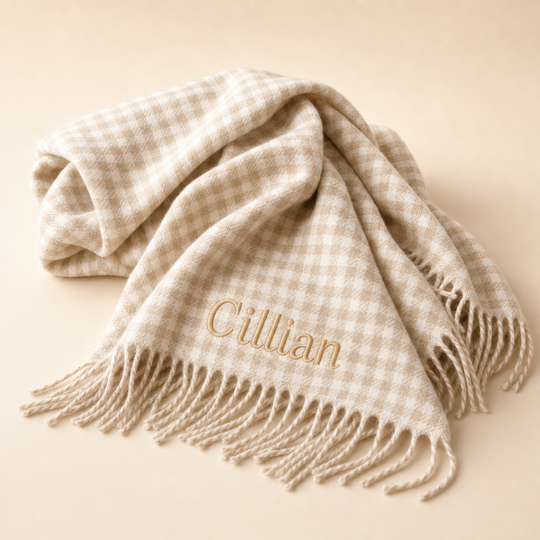 Personalised Foxford Fawn Gingham Lambswool Baby Blanket
