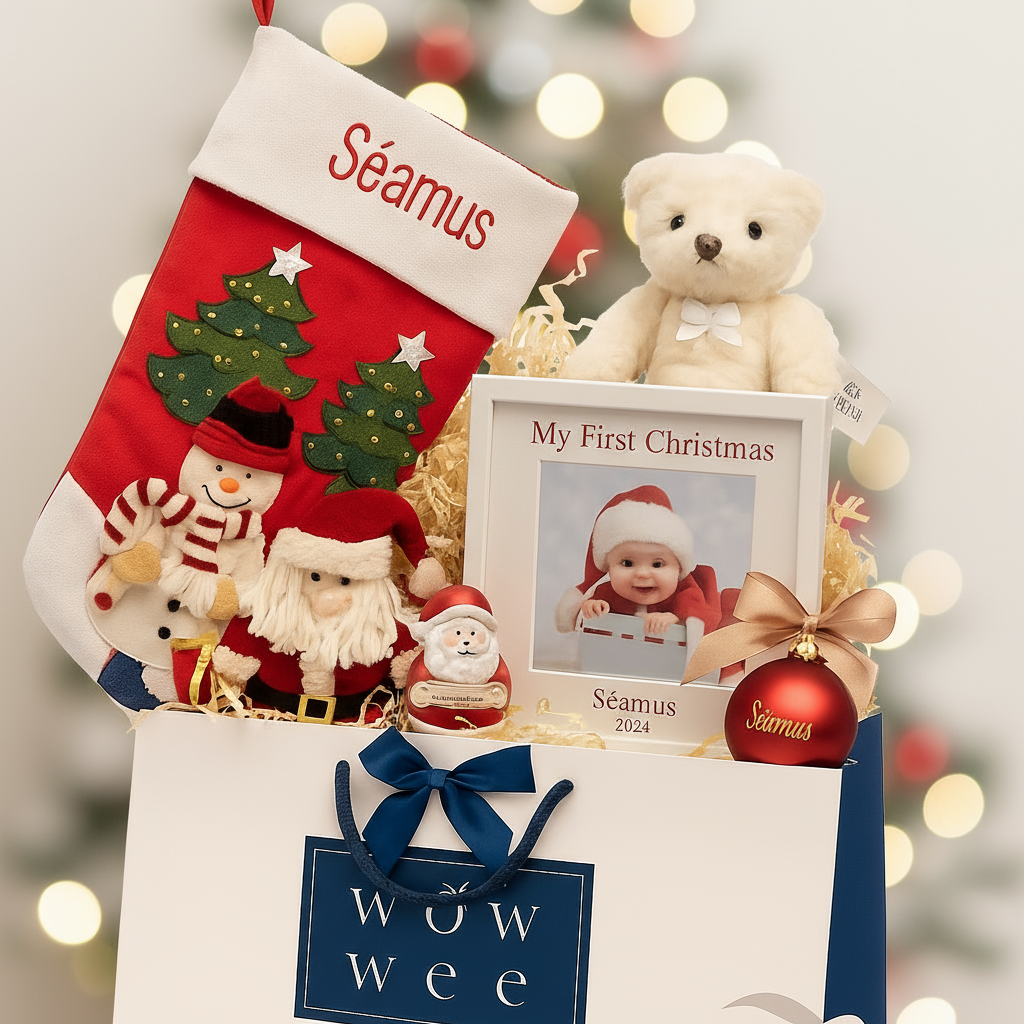 Christmas-themed gift set with stocking, teddy bear, and photo frame in a WOW WEE bag.