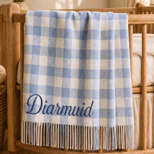 Personalised Foxford Baby Blanket - Gentle Blue & Cream Check