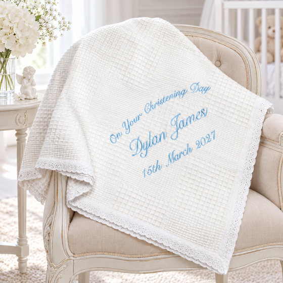 Personalised Christening Shawl - White Cotton with Lace Trim for Boys
