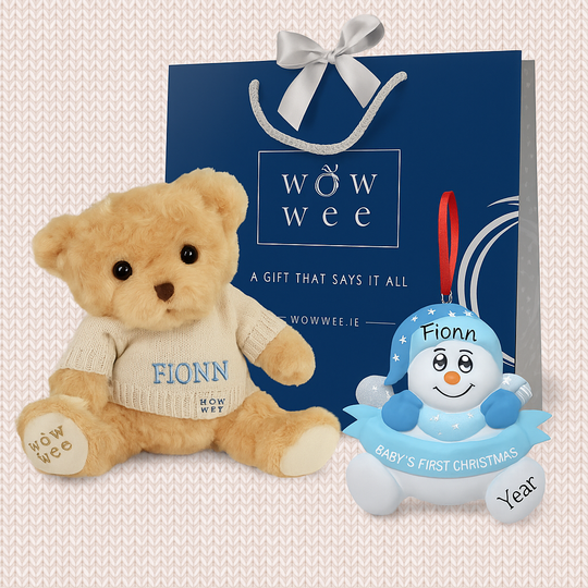 Personalised Baby's First Christmas Gift Set - Bailey Bear and  Baby's 1st Christmas Ornament -  Snowman with Banner Blue