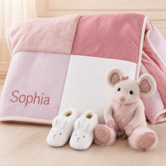 Personalised Signature DouDou Gift Set for Girls- Patchwork Quilt, Plush Toy & Suede Shoes