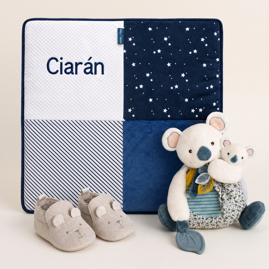 Personalised Signature DouDou Gift Set for Boys - Patchwork Quilt, Plush Toy & Baby Suede Shoes