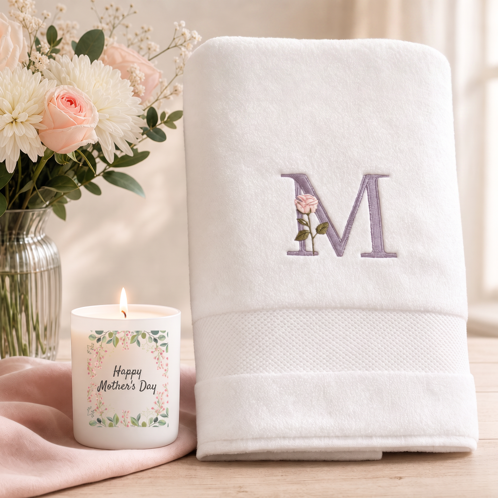A white bath Luxury towel with a large embroidered purple letter M and a small pink rose motif, displayed on a wooden surface next to a lit floral candle and a vase of flowers.