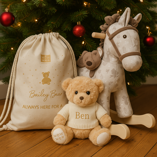 Personalised Baby Gift Set - Personalised Rocking Horse and Bailey Bear with Backpack