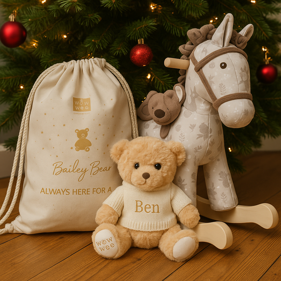 Personalised Baby Gift Set - Personalised Rocking Horse and Bailey Bear with Backpack