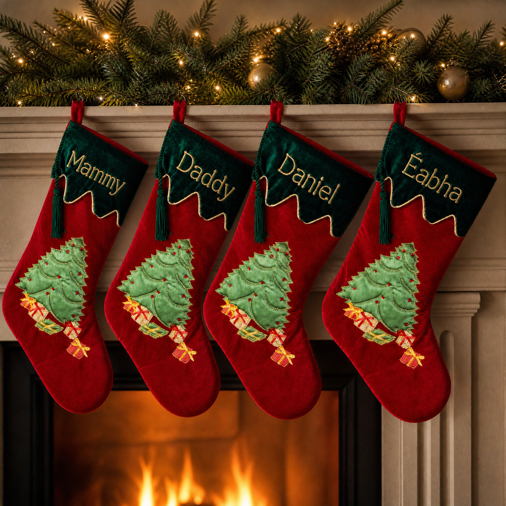 Personalised Velvet Christmas Stocking - Luxurious Tree and Gifts