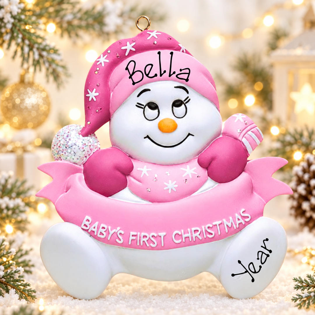 Personalised Baby's First Christmas Gift Set - Bailey Bear and  Baby's 1st Christmas Ornament -  Snowman with Banner Pink