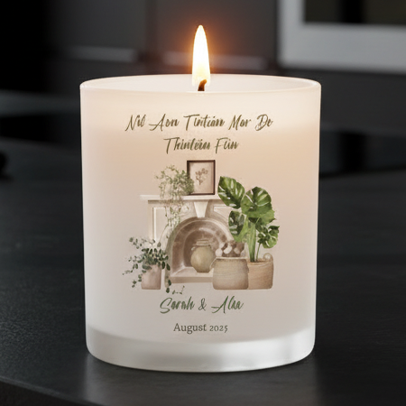personalised candle for new home in Gaeilge