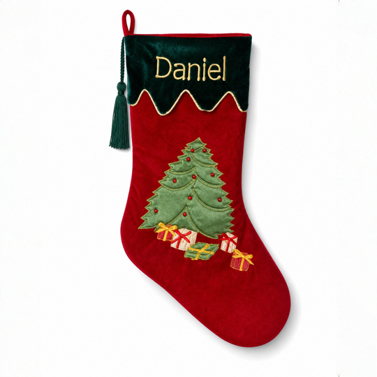 Personalised Velvet Christmas Stocking - Luxurious Tree and Gifts