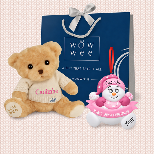 Personalised Baby's First Christmas Gift Set - Bailey Bear and  Baby's 1st Christmas Ornament -  Snowman with Banner Pink