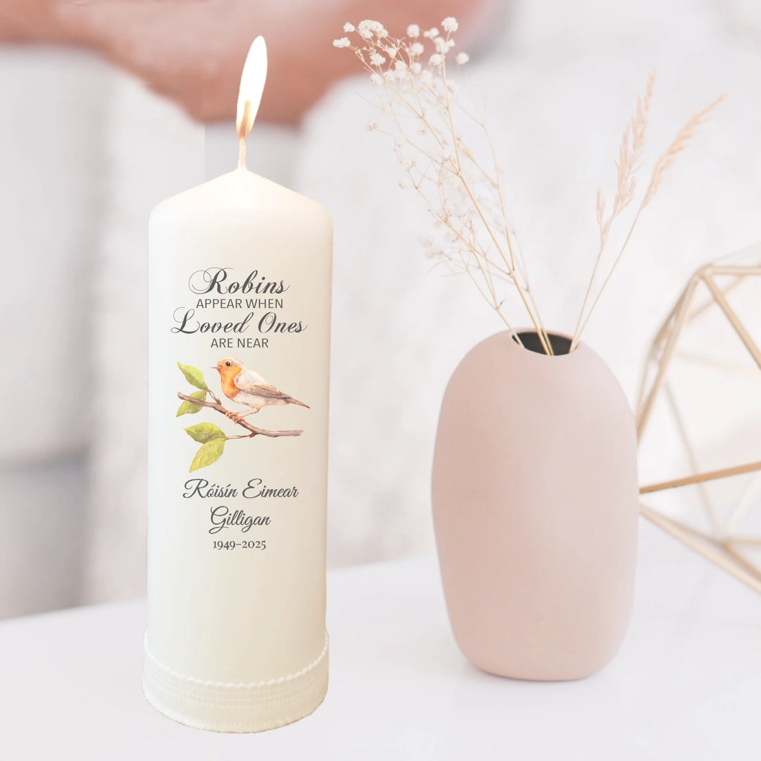 Personalised memorial candle with Robin