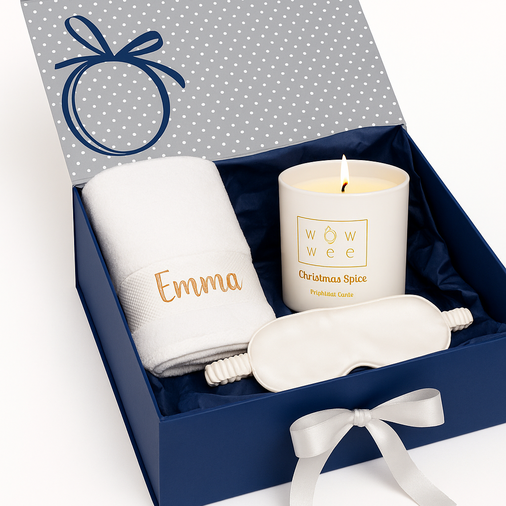 personalised towel set with candle and silk eye mask