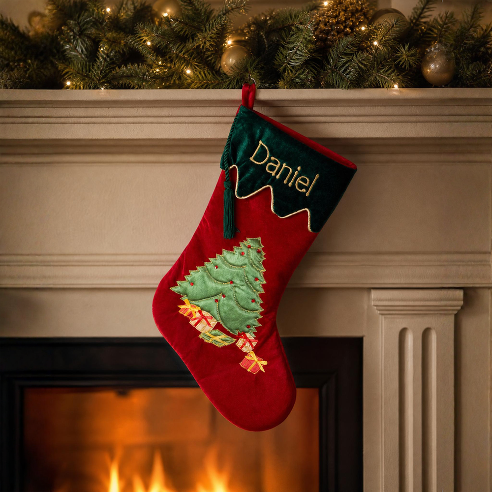 Personalised Velvet Christmas Stocking - Luxurious Tree and Gifts