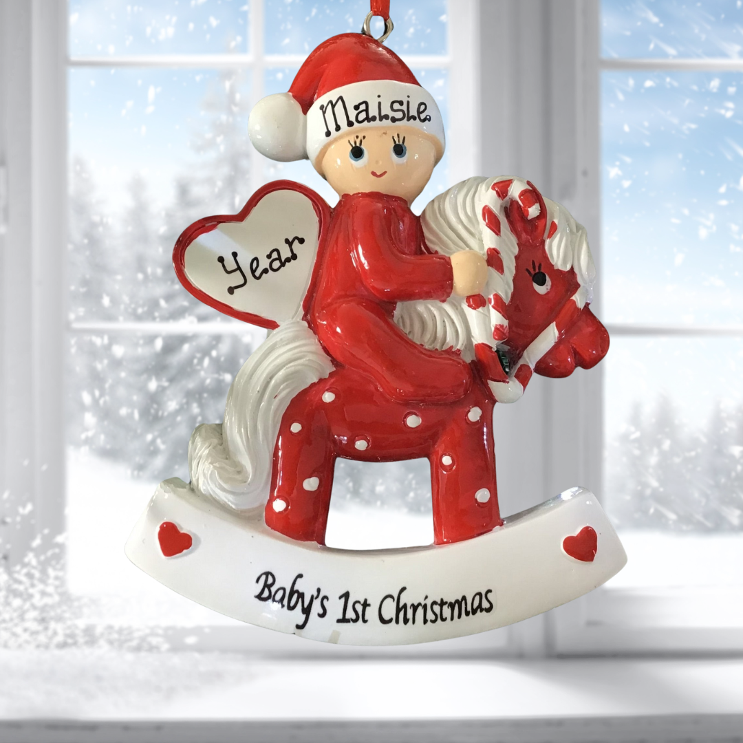 Personalised Baby's 1st Christmas Ornament - RED Rocking Horse