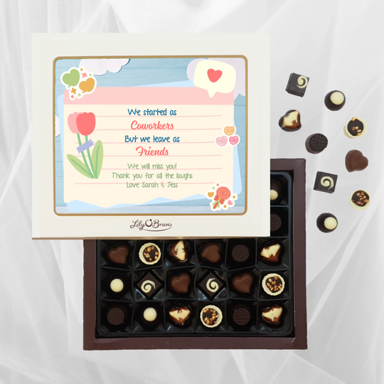 Box of Lily O’Brien’s Chocolates. Colourful design with hearts, speech bubbles and flowers. Add your own personal message