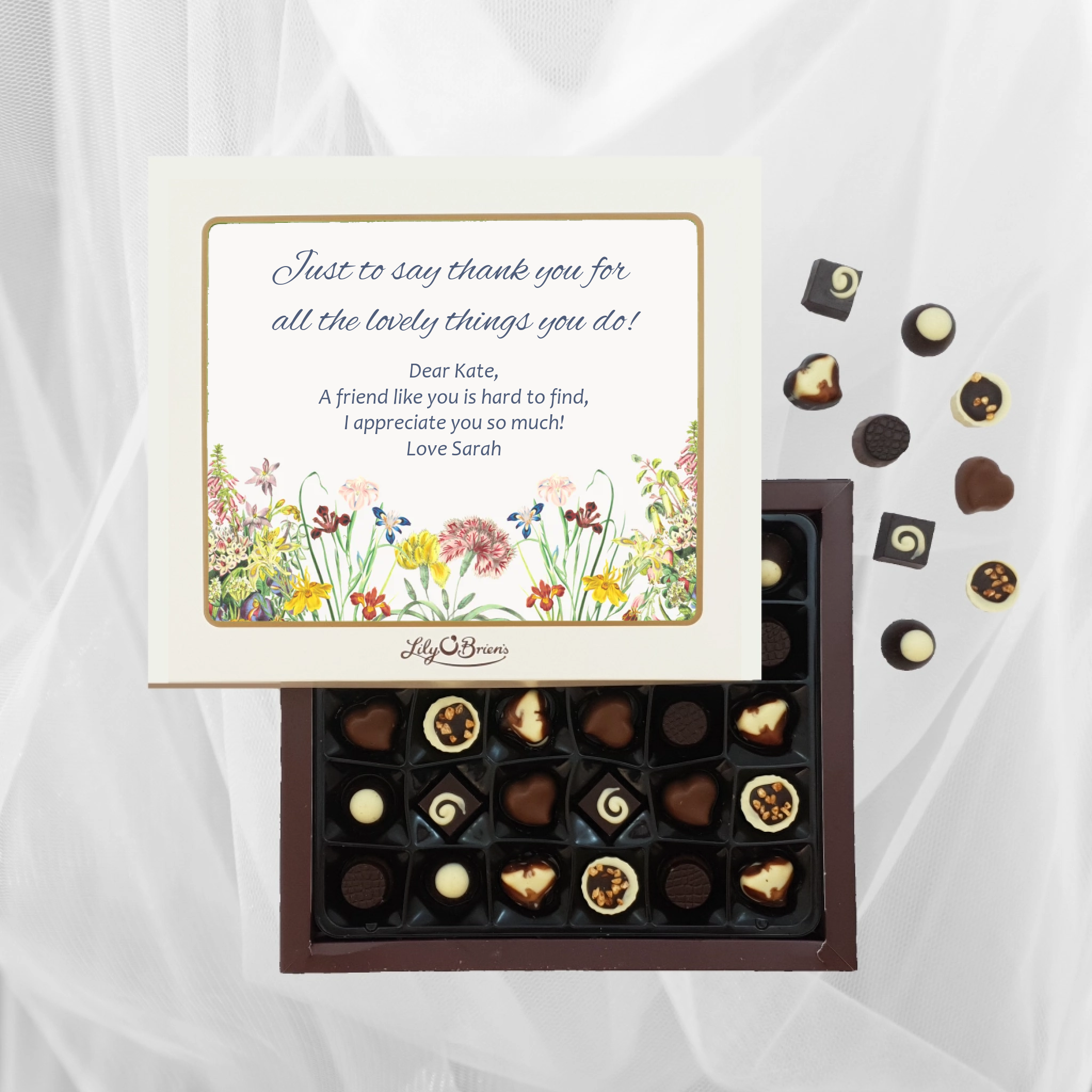 Personalised Box of Lily O’Brien’s Chocolates. Floral design with personal message for a friend or family member