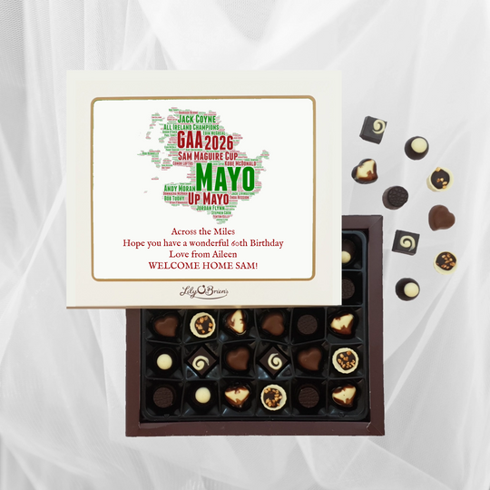 Lily O'Brien chocolate box with wordart county mayo in green and red.