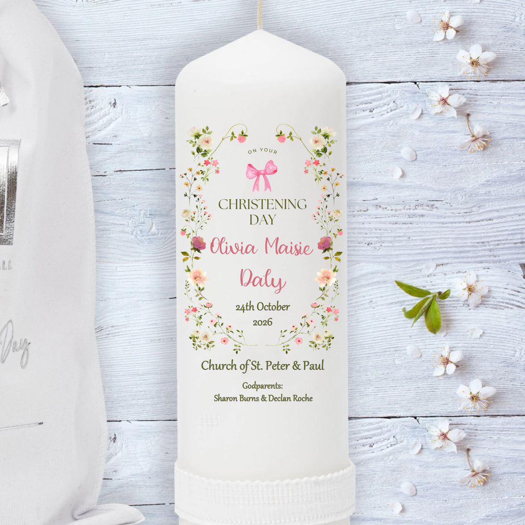Personalised Christening Candle for Girls Pretty Flowers