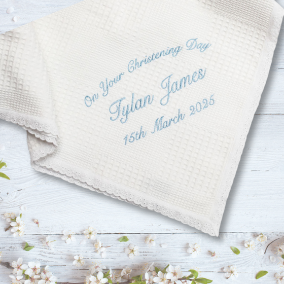 Personalised Christening Shawl - White Cotton with Lace Trim for Boys