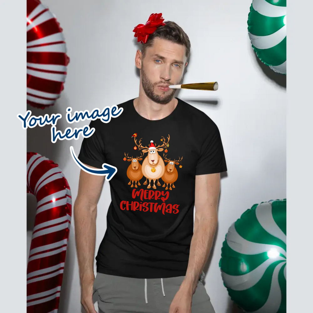 Man wearing a personalised black christmas t-shirt. he uploaded his own image 
