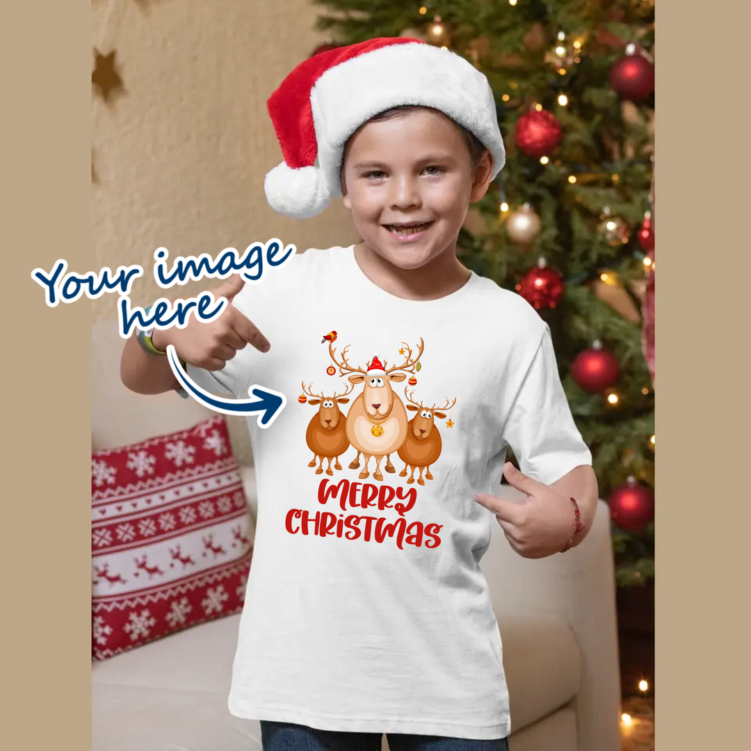 Boy wearing a white christmas t-shirt with some reindeer on it. the image was uploaded and personalised