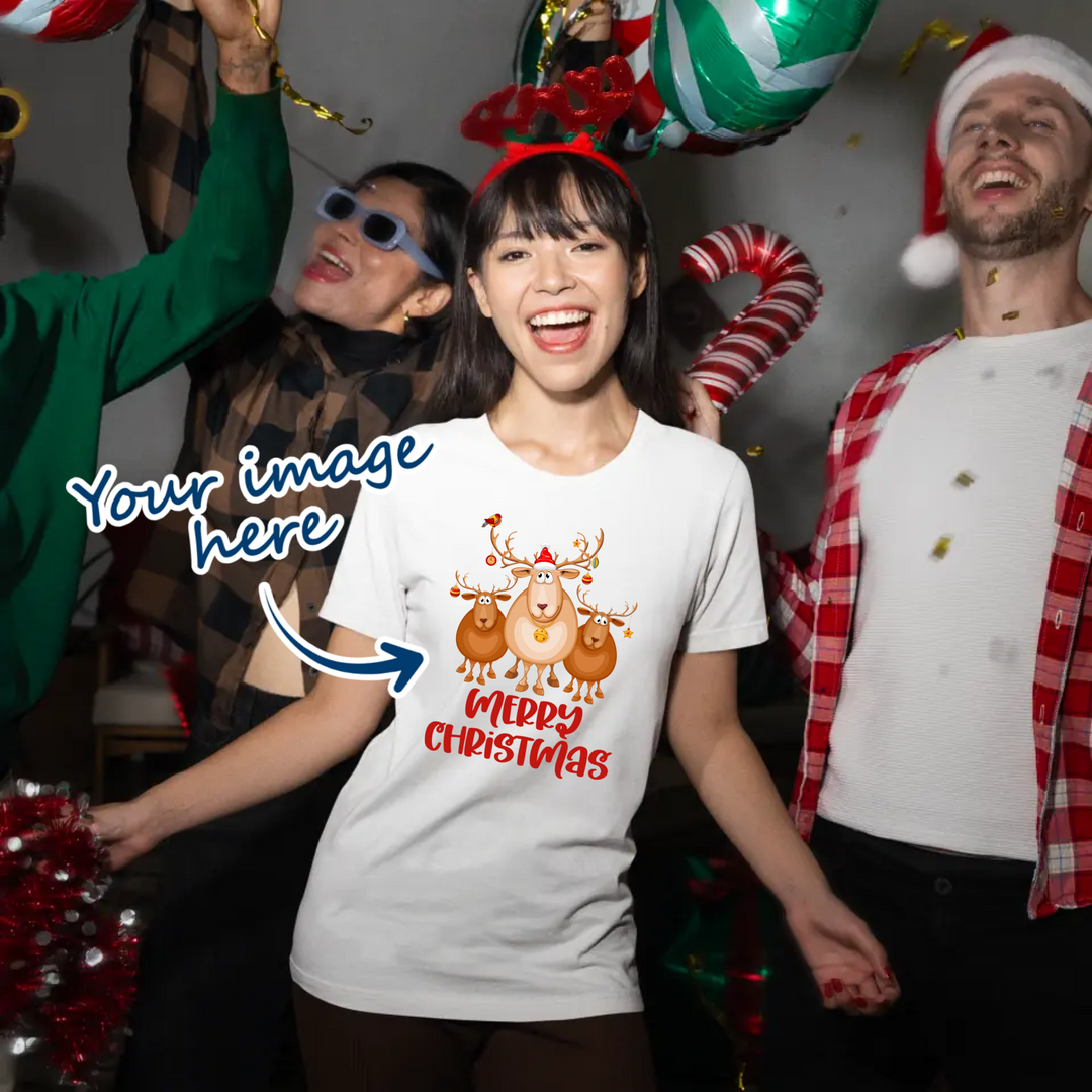 Woman wearing a personalised white christmas t-shirt where she uploaded her own image