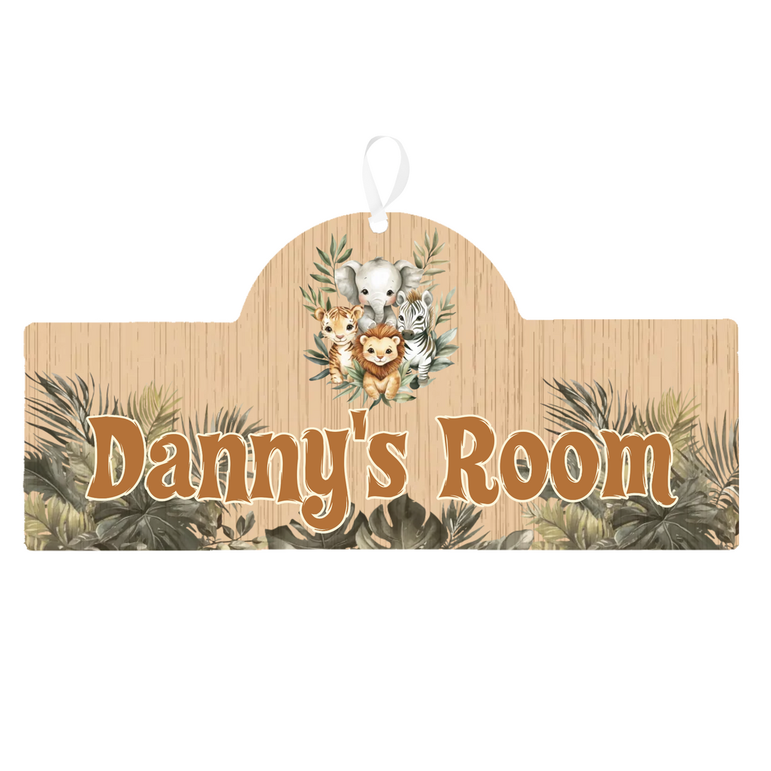 Personalised plaque with animal illustrations and 'Danny's Room' text on a white background
